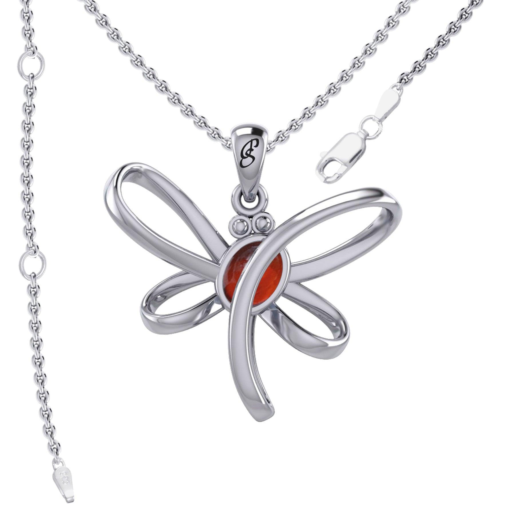 Serenity Soars: Eternal Dragonfly Sterling Silver Pendant with Oval Gemstone Connection by Peter Stone Jewelry - Inspiring Your Journey to Success TPD6212