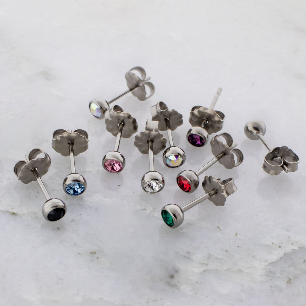 Steel Round Bezel Set Gem Earring Studs | Body Jewelry | Wiccan Center