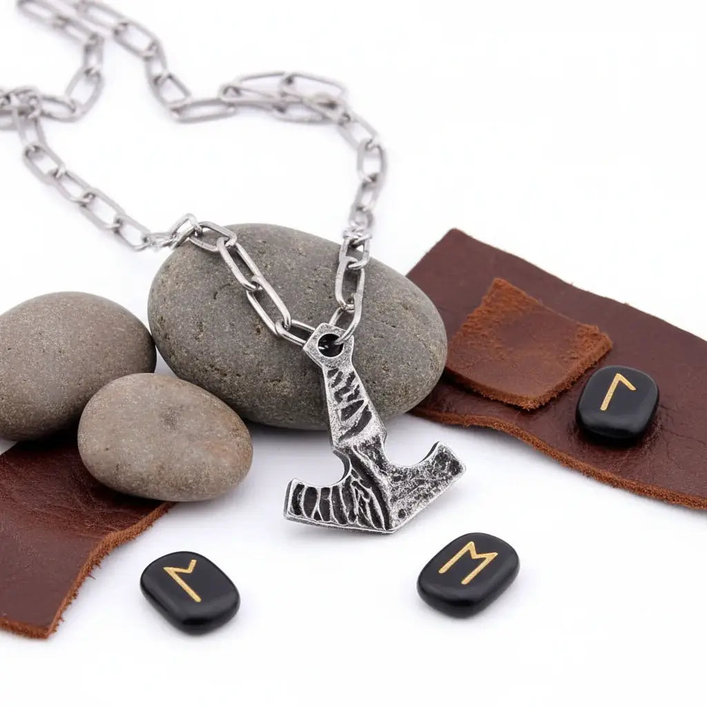 Thor Mjolnir necklace for men – Viking Norse Pendant with Steel Chain