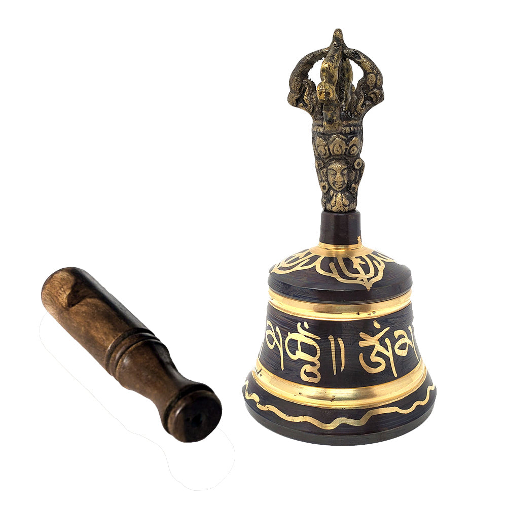 Tibetan Hand Bell with Wooden Striker 5" Black & Gold