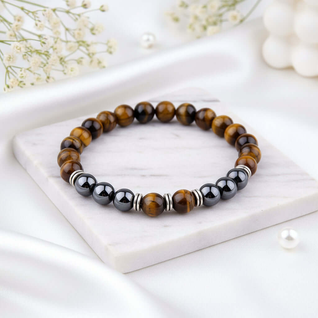 Tiger Eye Bracelet Fashion Simple Obsidian Alloy Separator Elastic Bracelet