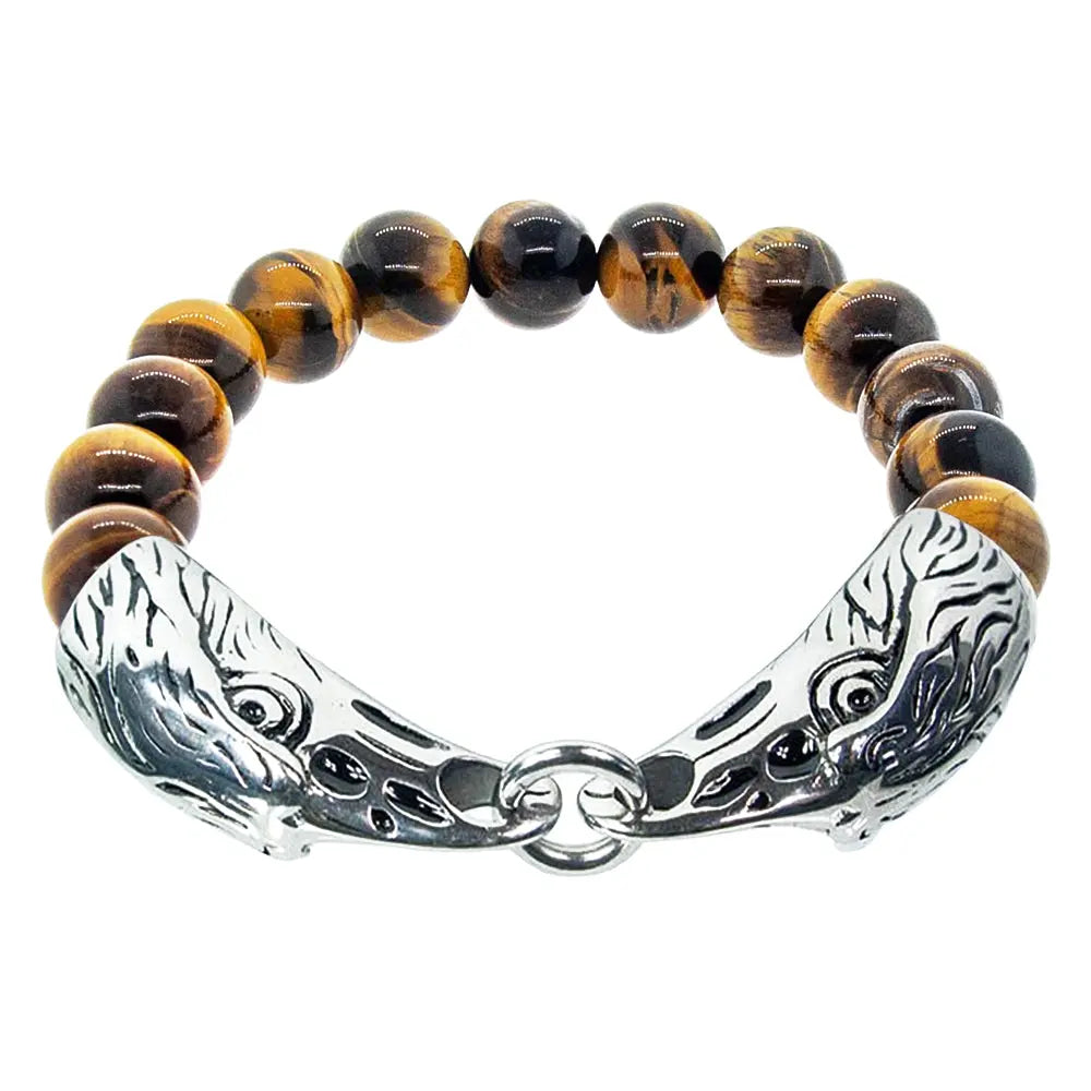 Elastic Bracelet 8mm Round Beads - Tiger Eye w/ Stainless Steel Eagle Heads | Bracelet | Wiccan Center