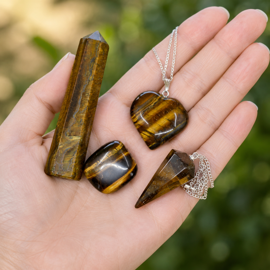 Tiger Eye Crystal Gift Set For Emotional Support and Protection, Real Polished Gemstones. | Merkaba & Platonic Solids | Wiccan Center