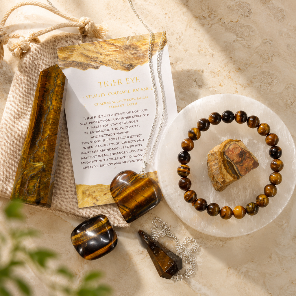 Tiger Eye Crystal Gift Set For Emotional Support and Protection, Real Polished Gemstones. | Merkaba & Platonic Solids | Wiccan Center