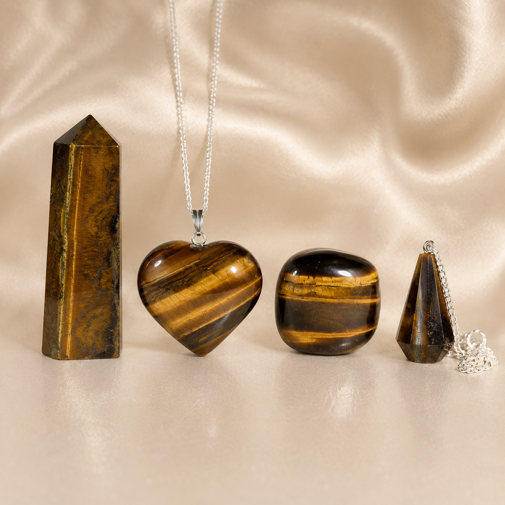 Tiger Eye Crystal Gift Set For Emotional Support and Protection, Real Polished Gemstones. | Merkaba & Platonic Solids | Wiccan Center