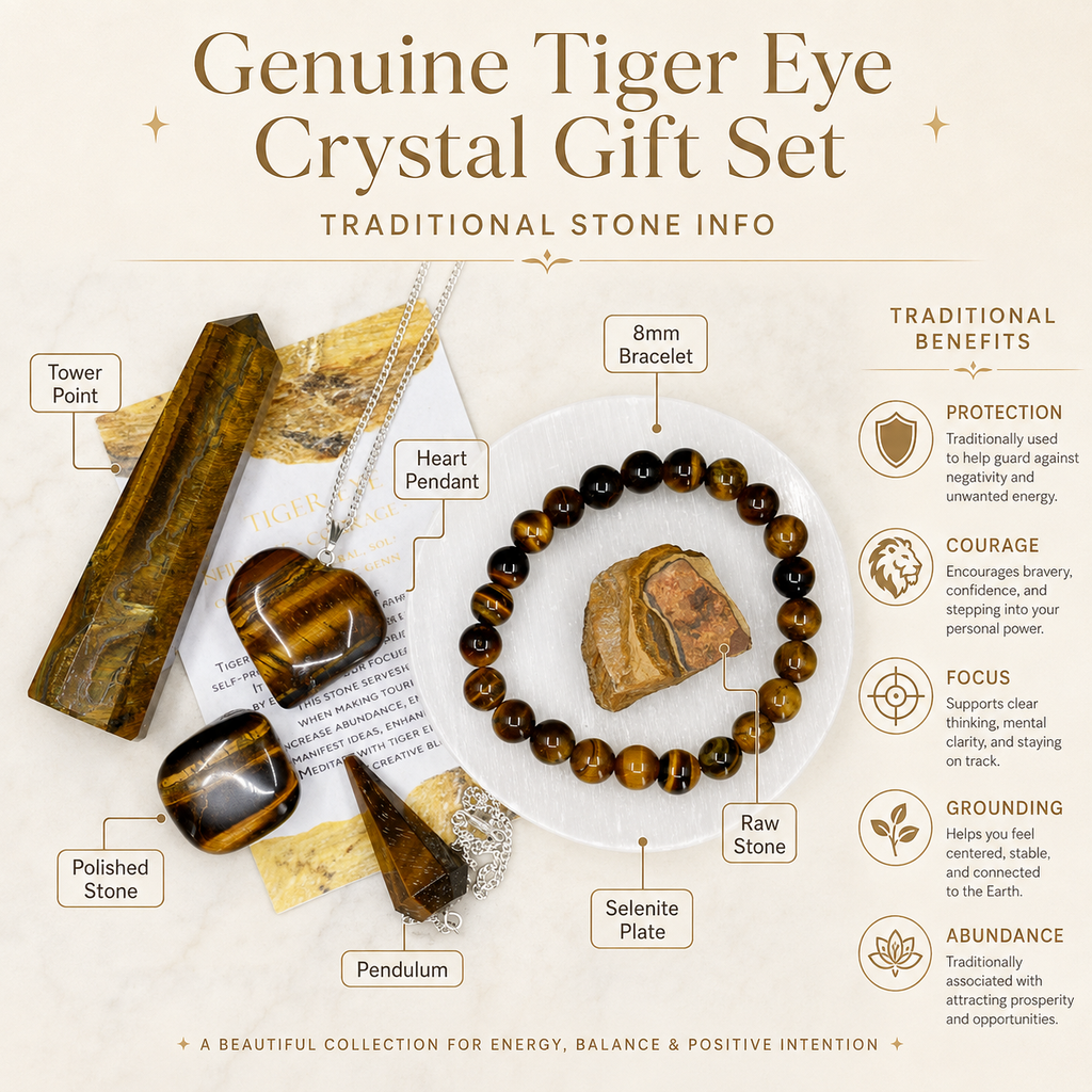 Tiger Eye Crystal Gift Set For Emotional Support and Protection, Real Polished Gemstones. | Merkaba & Platonic Solids | Wiccan Center