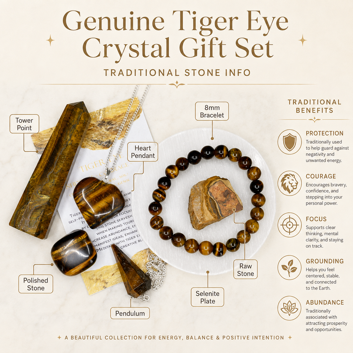 Tiger Eye Crystal Gift Set For Emotional Support and Protection, Real Polished Gemstones. | Merkaba & Platonic Solids | Wiccan Center