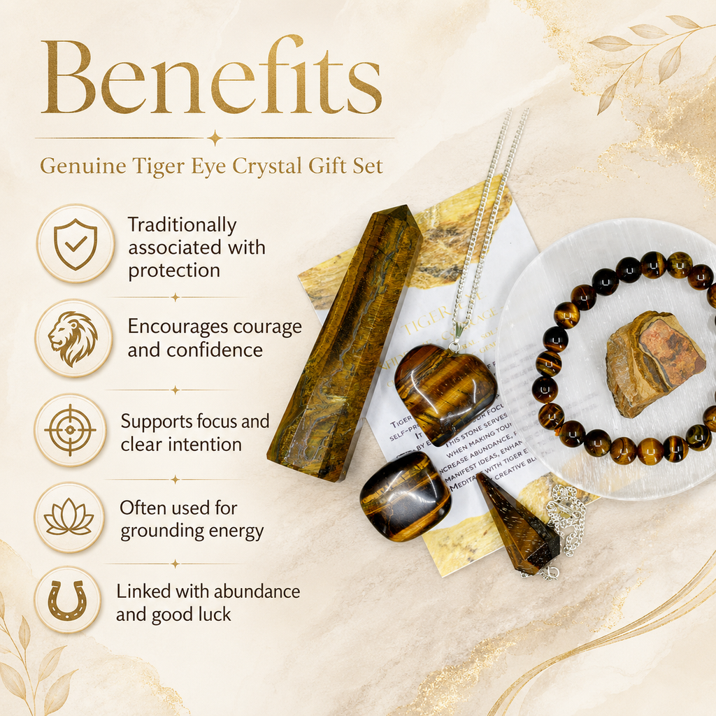 Tiger Eye Crystal Gift Set For Emotional Support and Protection, Real Polished Gemstones. | Merkaba & Platonic Solids | Wiccan Center