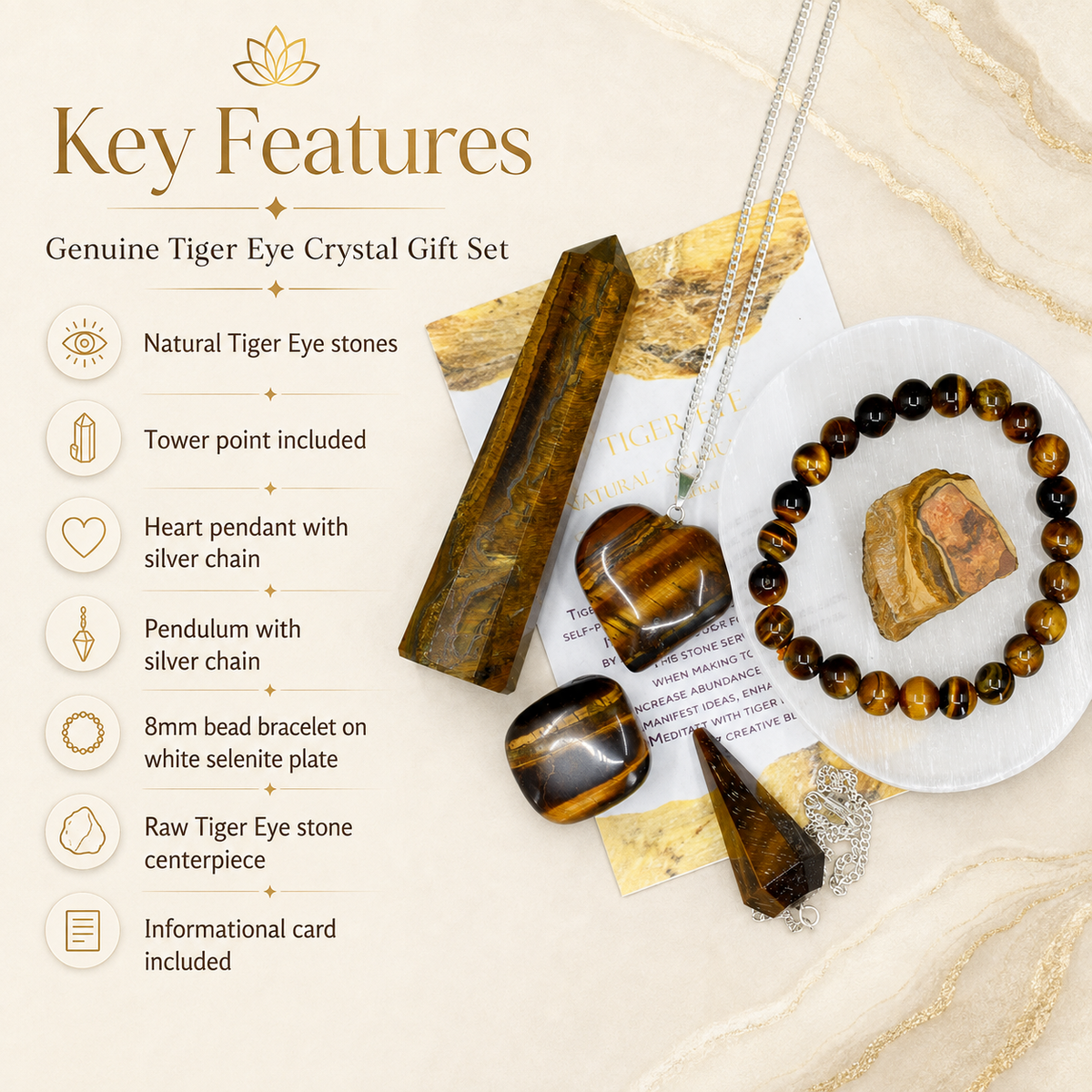 Tiger Eye Crystal Gift Set For Emotional Support and Protection, Real Polished Gemstones. | Merkaba & Platonic Solids | Wiccan Center