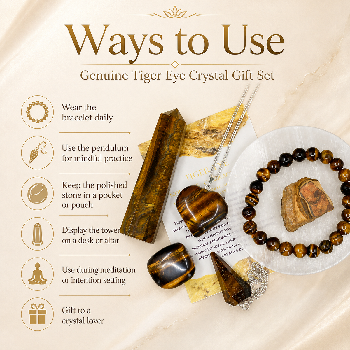 Tiger Eye Crystal Gift Set For Emotional Support and Protection, Real Polished Gemstones. | Merkaba & Platonic Solids | Wiccan Center