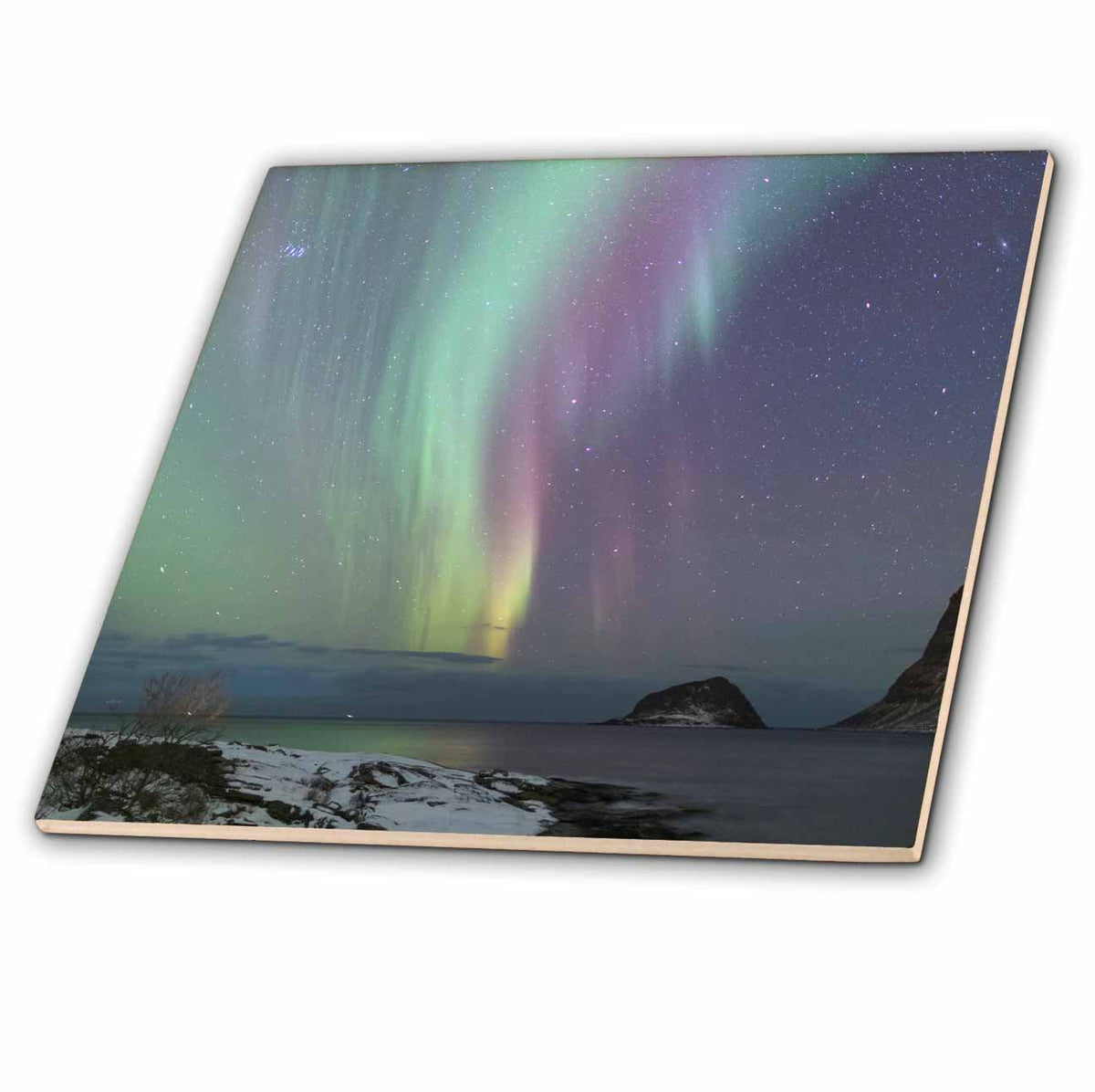 3dRose Norway, Lofoten Islands, Vestvag Island, Leknes. Aurora Borealis. - Tiles (ct_330397)