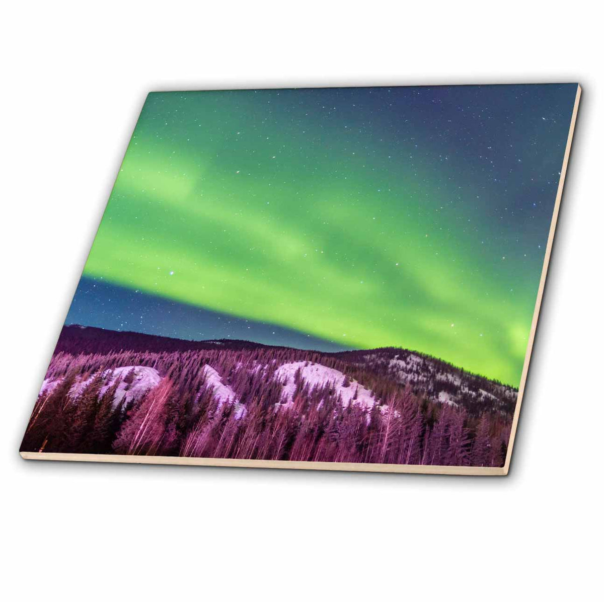 3dRose USA, Alaska, Fairbanks. Aurora Borealis Over Mountain Landscape. - Tiles (ct_345807)