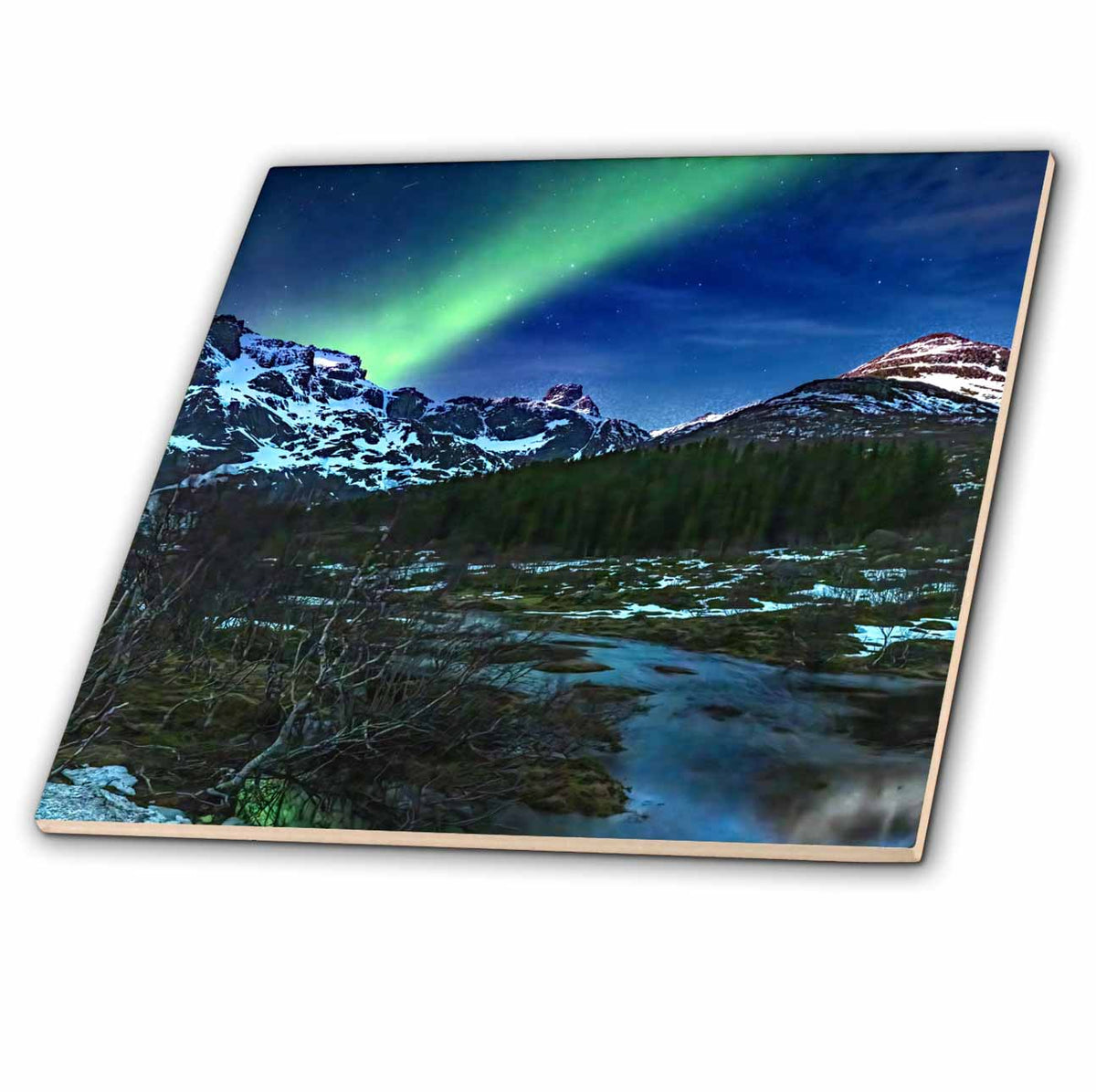 3dRose Norway, Lofoten Islands. Aurora Borealis Above The Road to Nusfjord - Tiles (ct-380444)