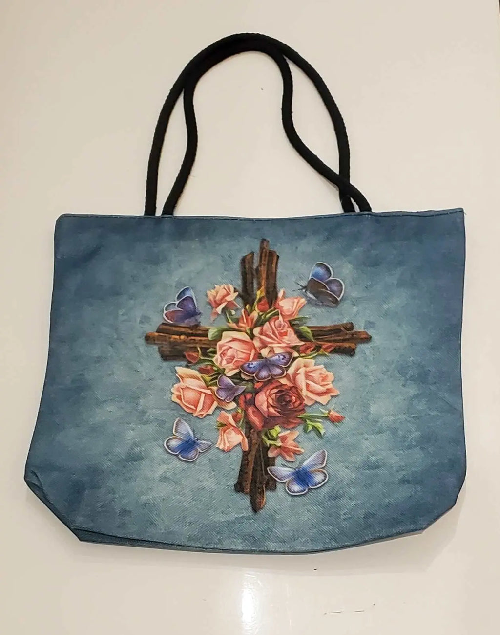 Tote Bag - Cross with Roses & Butterflies | Apparel | Wiccan Center