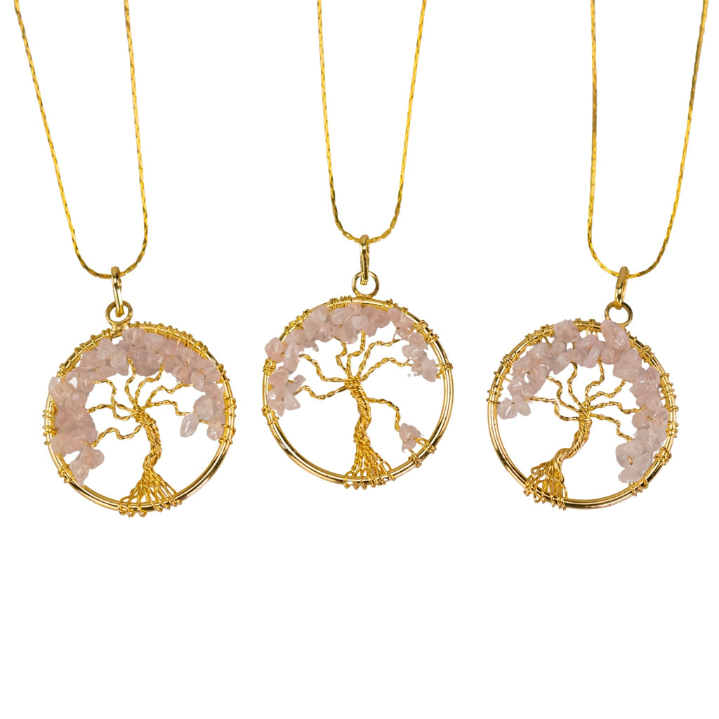 Tree of Life Rose Quartz Gold Necklace | Necklace | Wiccan Center