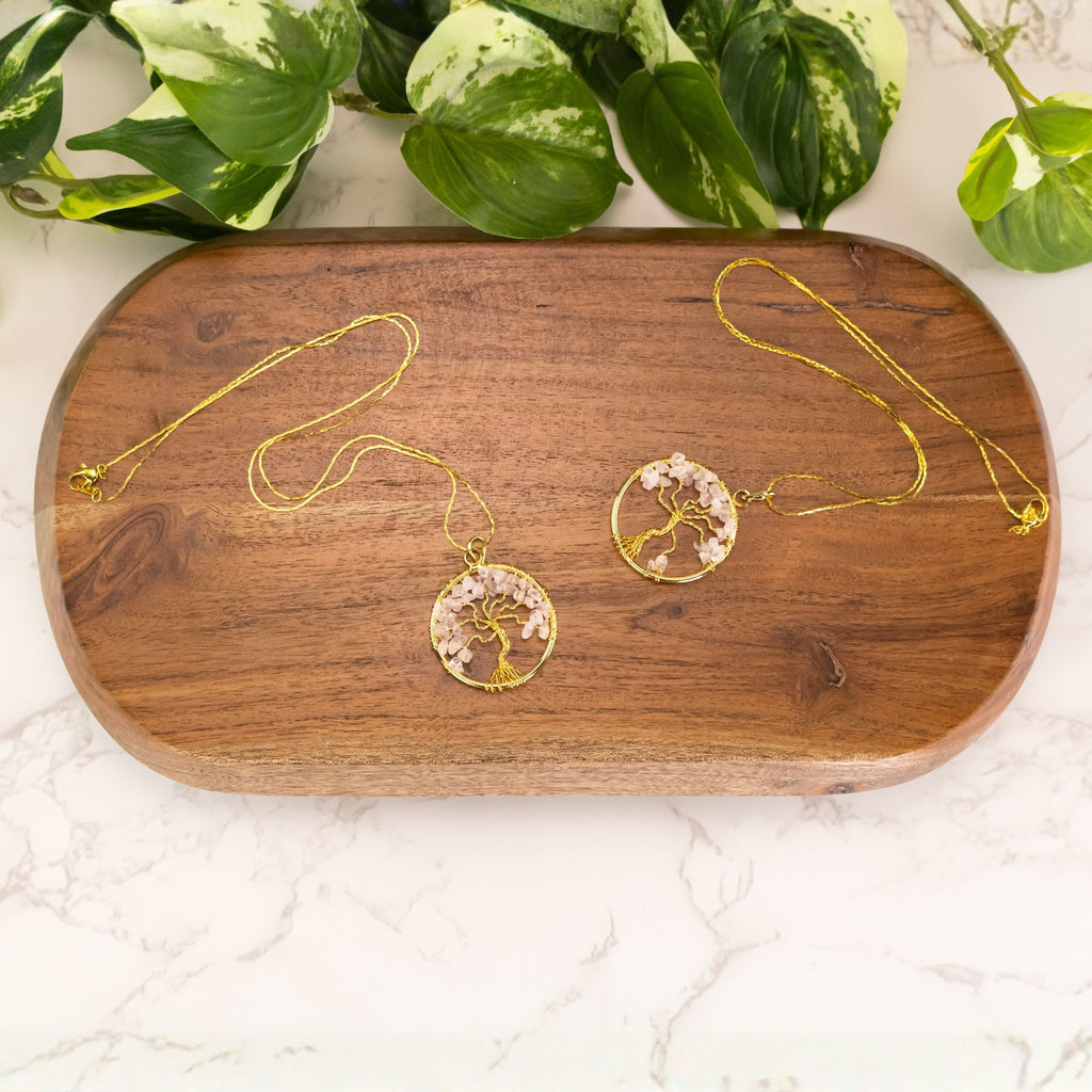 Tree of Life Rose Quartz Gold Necklace | Necklace | Wiccan Center