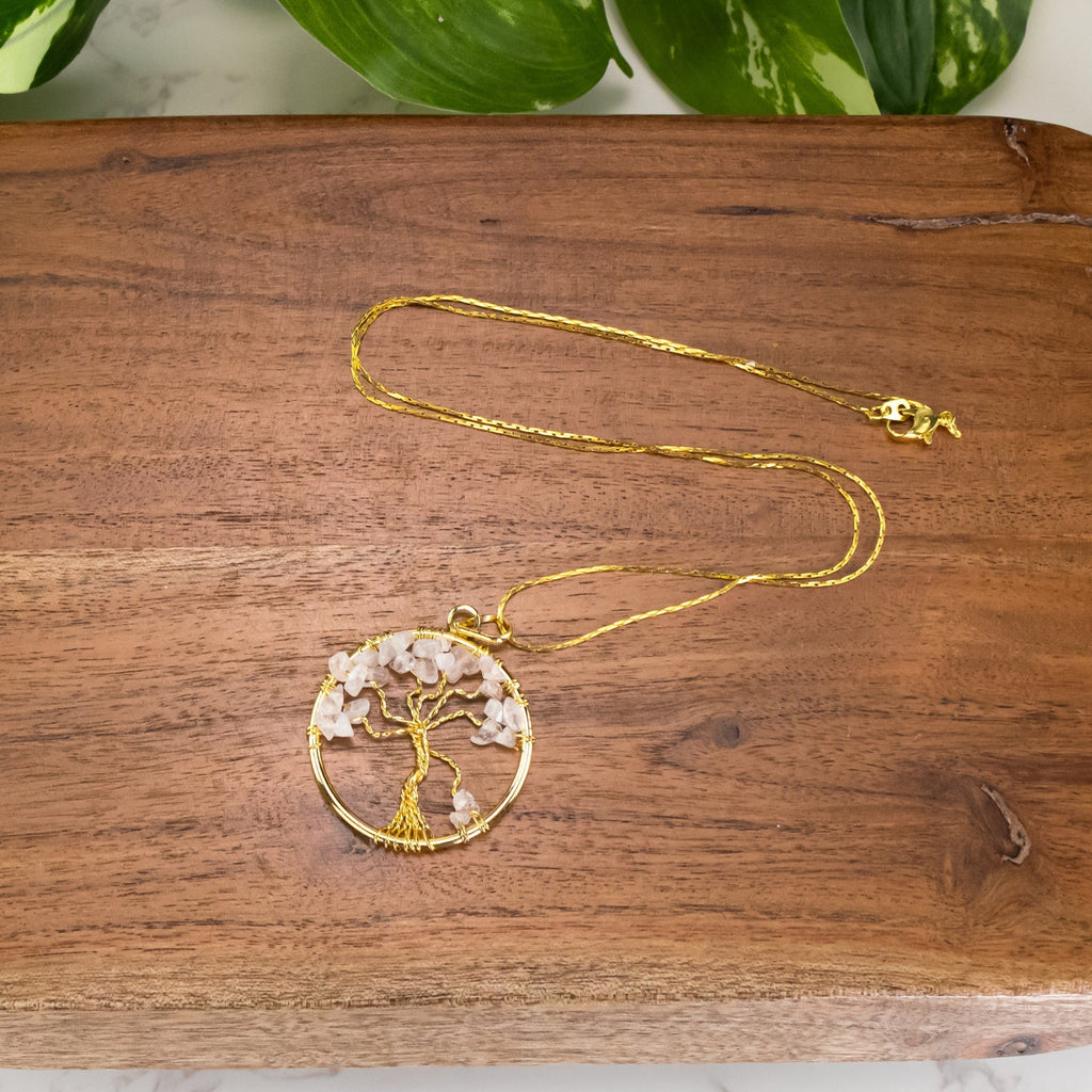 Tree of Life Rose Quartz Gold Necklace | Necklace | Wiccan Center