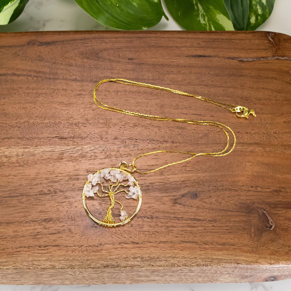 Tree of Life Rose Quartz Gold Necklace