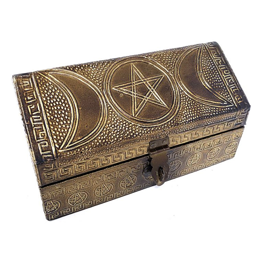 Triple Moon Pentagram Carved Metal over Wood Box | Metal Box | Wiccan Center