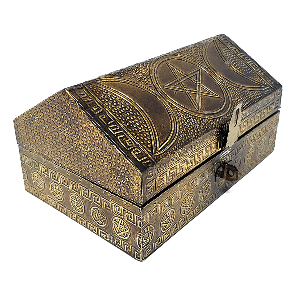 Triple Moon Pentagram Carved Metal over Wood Box | Metal Box | Wiccan Center