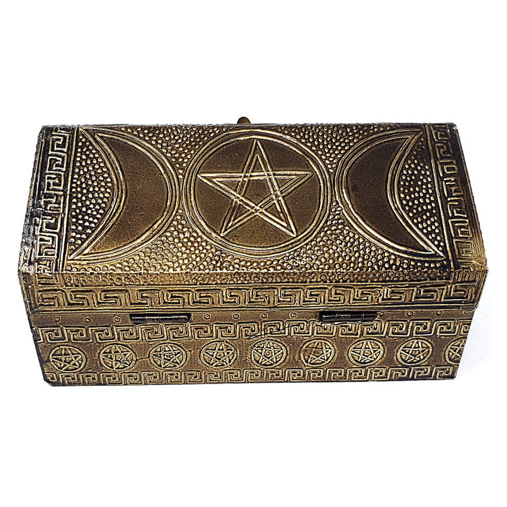 Triple Moon Pentagram Carved Metal over Wood Box | Metal Box | Wiccan Center