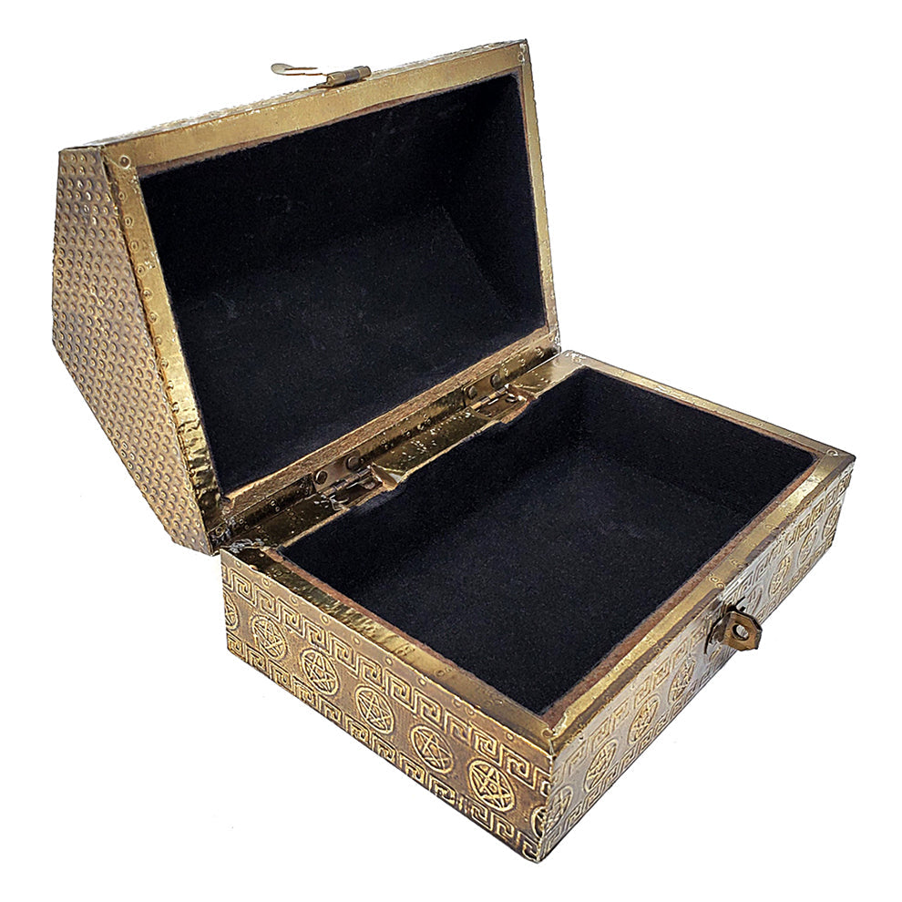 Triple Moon Pentagram Carved Metal over Wood Box | Metal Box | Wiccan Center