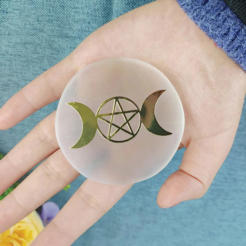Selenite Spiritual Gold Symbol Plates | crystal | Wiccan Center