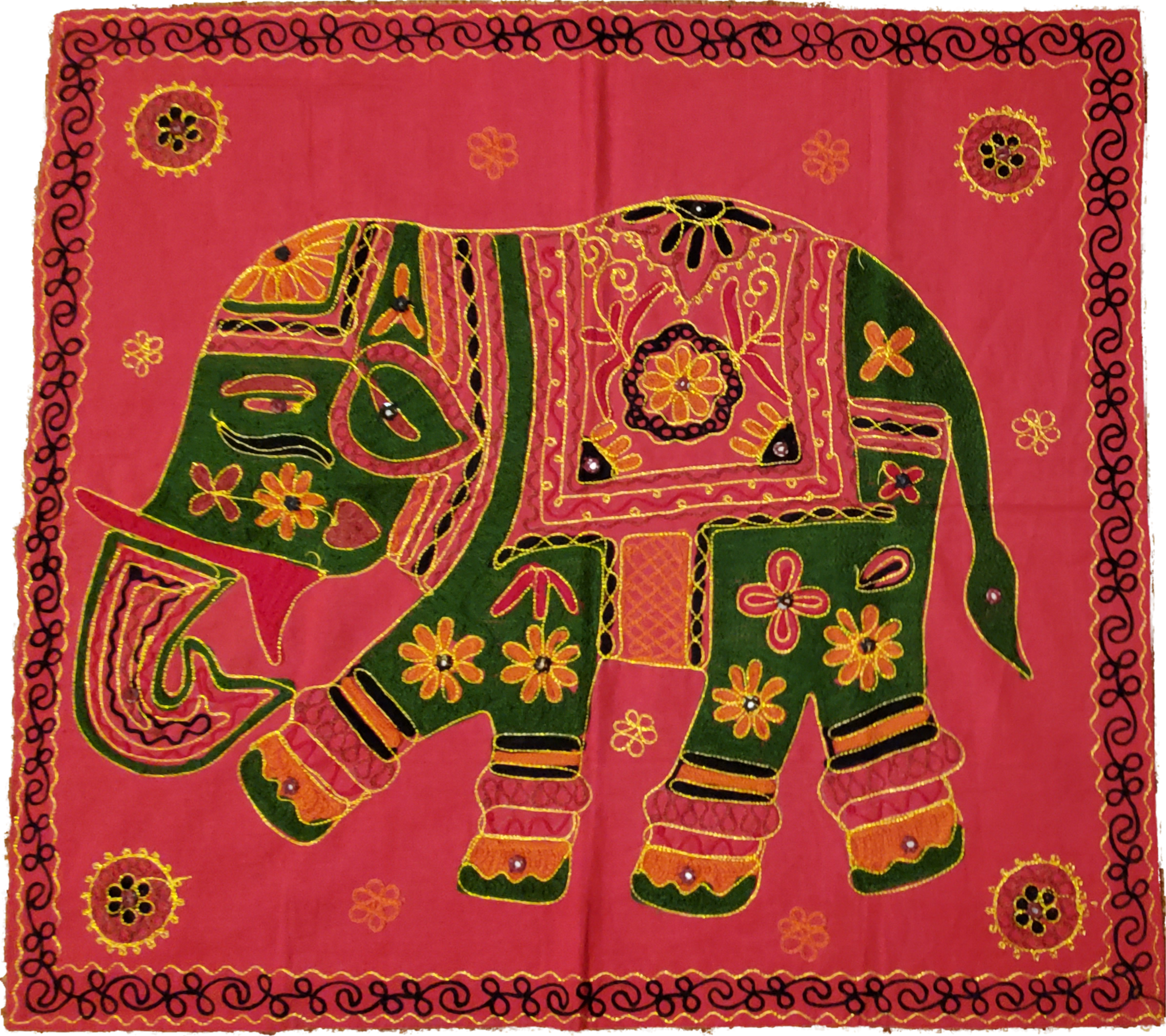 Unique Aari Design Tapestry with Embroidery on Red Cotton Fabric Square with Decorated Elephant