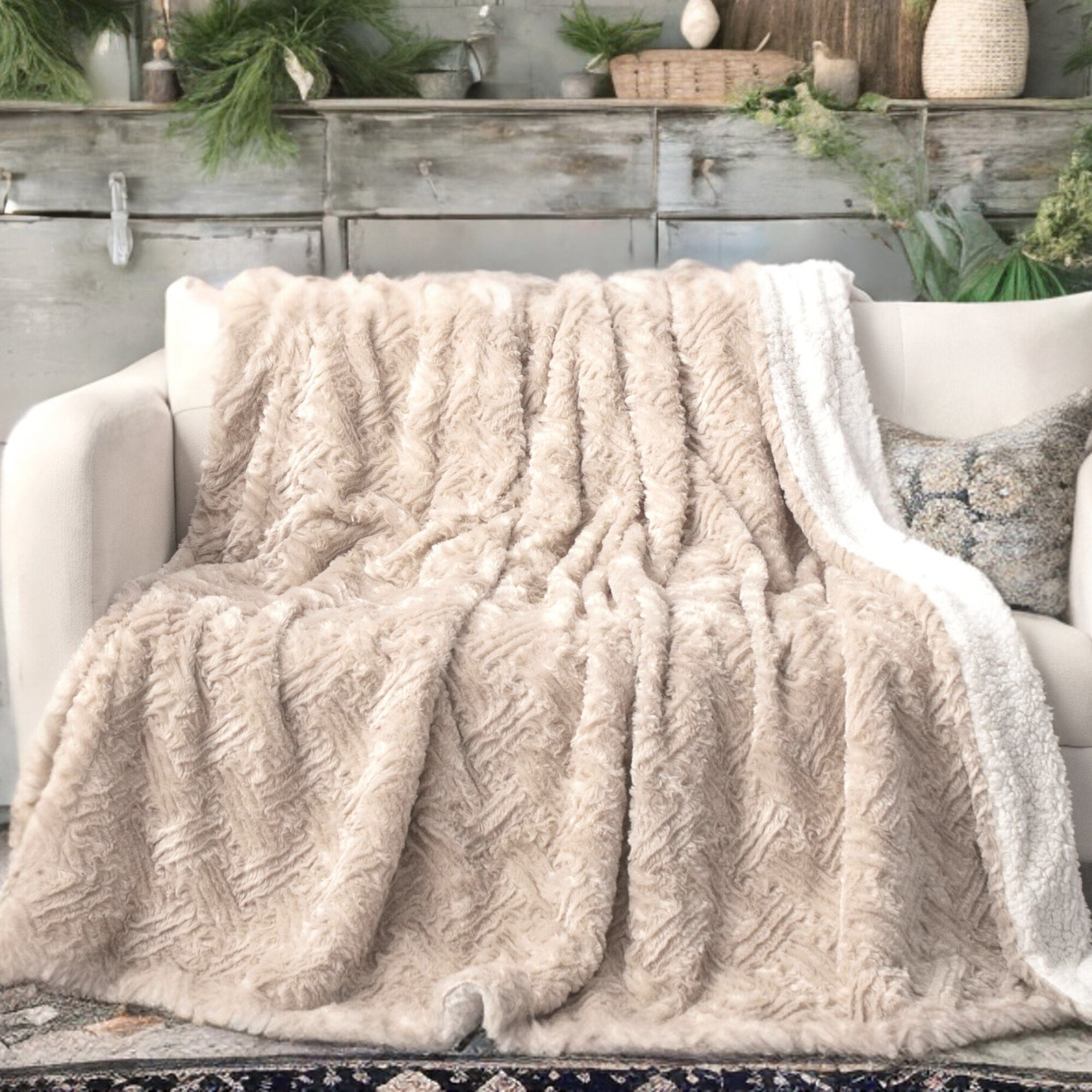 DaDalogy Bedding Champagne Ivory Faux Fur Throw Blanket - Dreamy Gold Geometric Embossed Sherpa Backside - Super Soft Warm Cozy Plush Fluffy | Throw Blankets | Wiccan Center