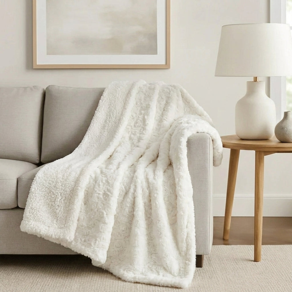 DaDa Bedding Luxury White Roses Fluffy Soft Sherpa Backside Faux Fur Throw Blanket (K11) | Throw Blankets | Wiccan Center