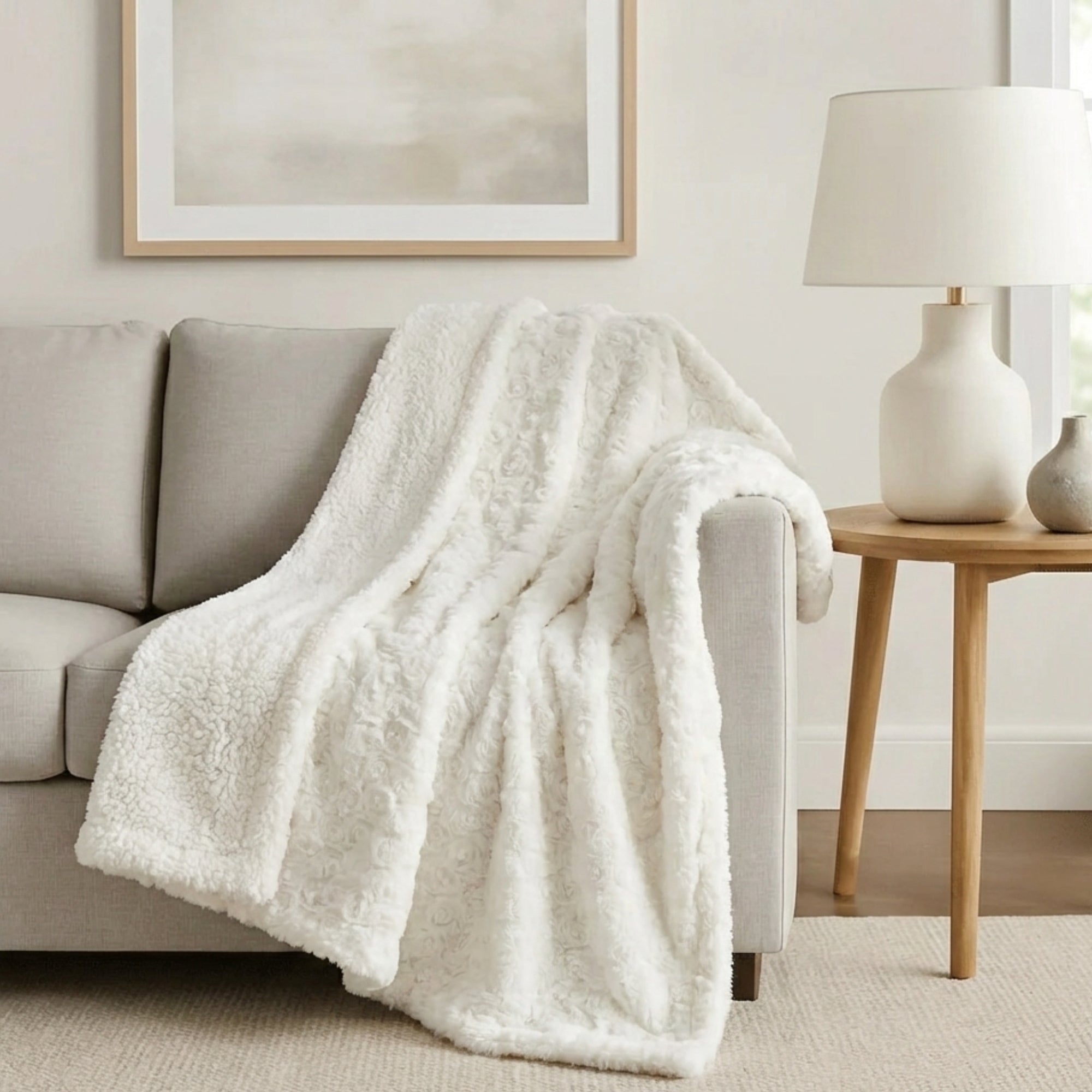 DaDa Bedding Luxury White Roses Fluffy Soft Sherpa Backside Faux Fur Throw Blanket (K11) | Throw Blankets | Wiccan Center