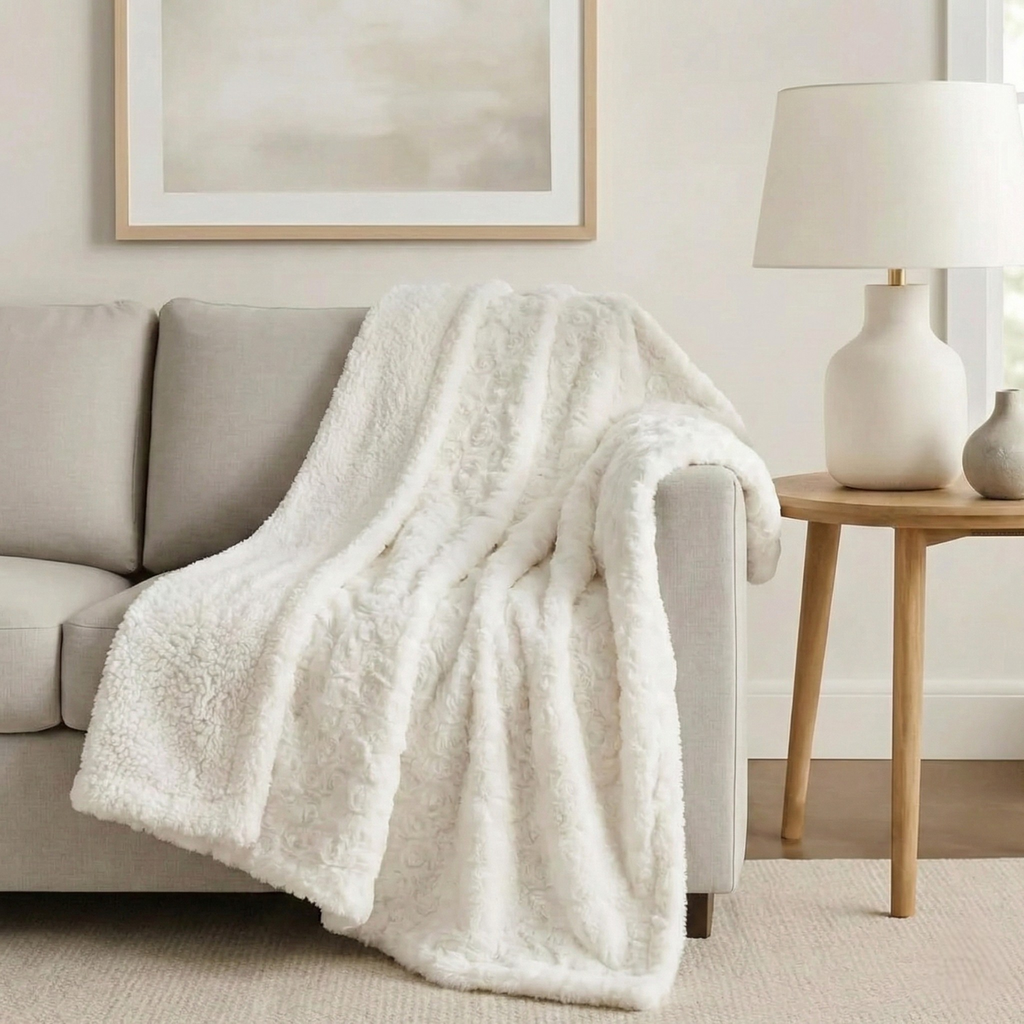 DaDa Bedding Luxury White Roses Fluffy Soft Sherpa Backside Faux Fur Throw Blanket (K11) | Throw Blankets | Wiccan Center
