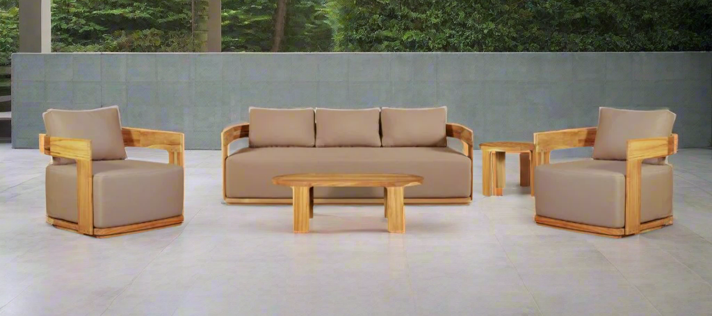 Eclipse Outdoor solid Teak Wood Sofa Set - light brown fabric | outdoor living room set | Wiccan Center