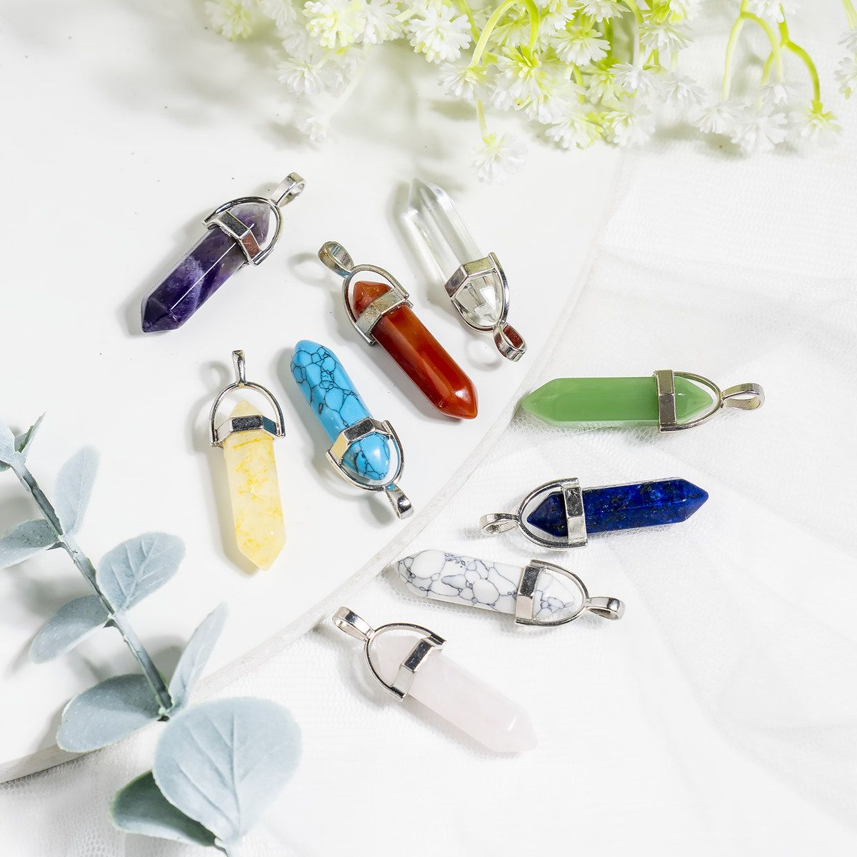 Polished Double Terminated Crystal Points Pencil Pendant Necklace