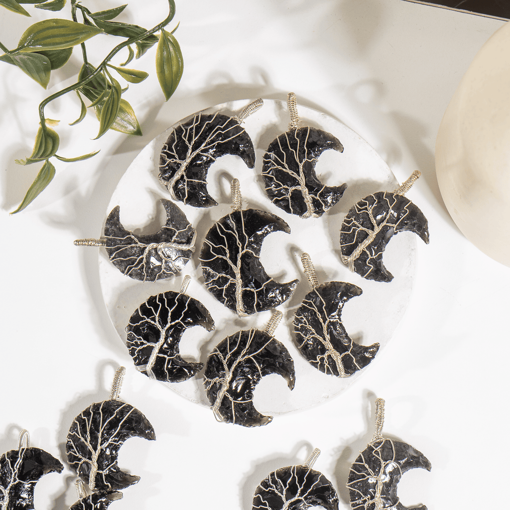 Black Obsidian Moon Silver Wire Wrapped Pendant, Crystal Moon Pendant