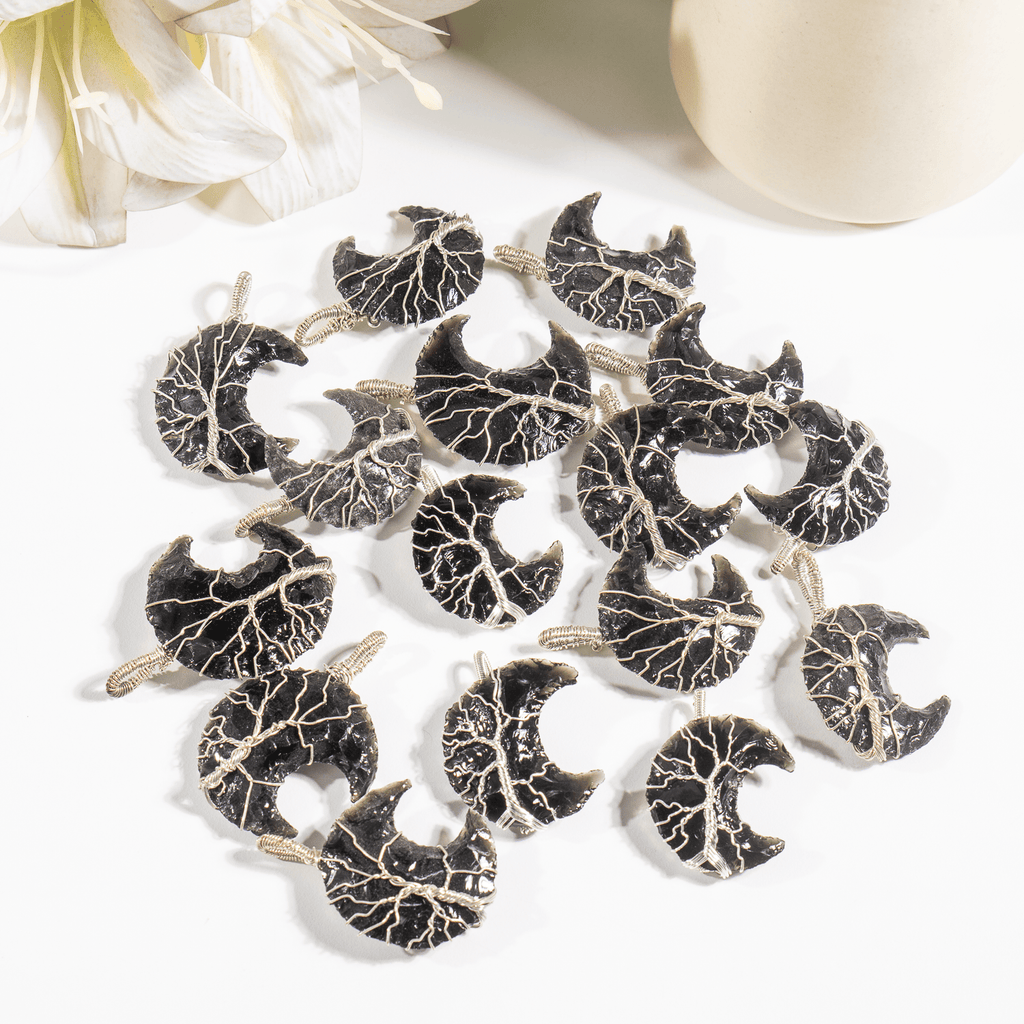 Black Obsidian Moon Silver Wire Wrapped Pendant, Crystal Moon Pendant