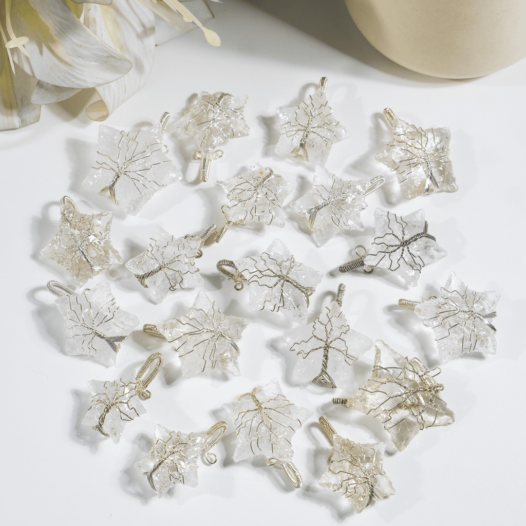 Crystal Quartz Star Wire Wrapped Pendants, Silver Necklace with Chain