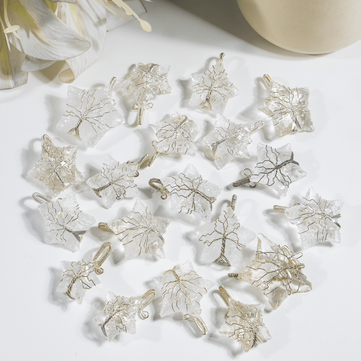 Crystal Quartz Star Wire Wrapped Pendants, Silver Necklace with Chain