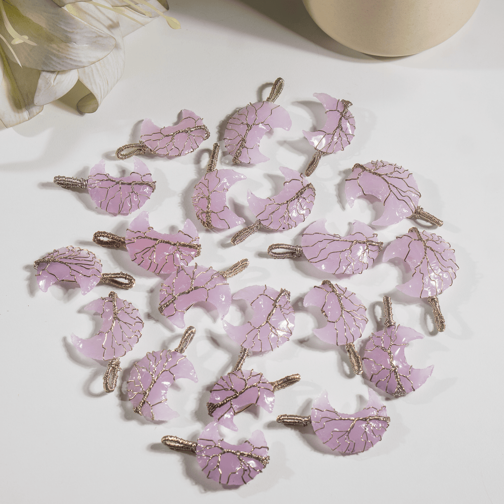 Rose Quartz Moon Silver Wire Wrapped Pendant, Crystal Moon Pendant
