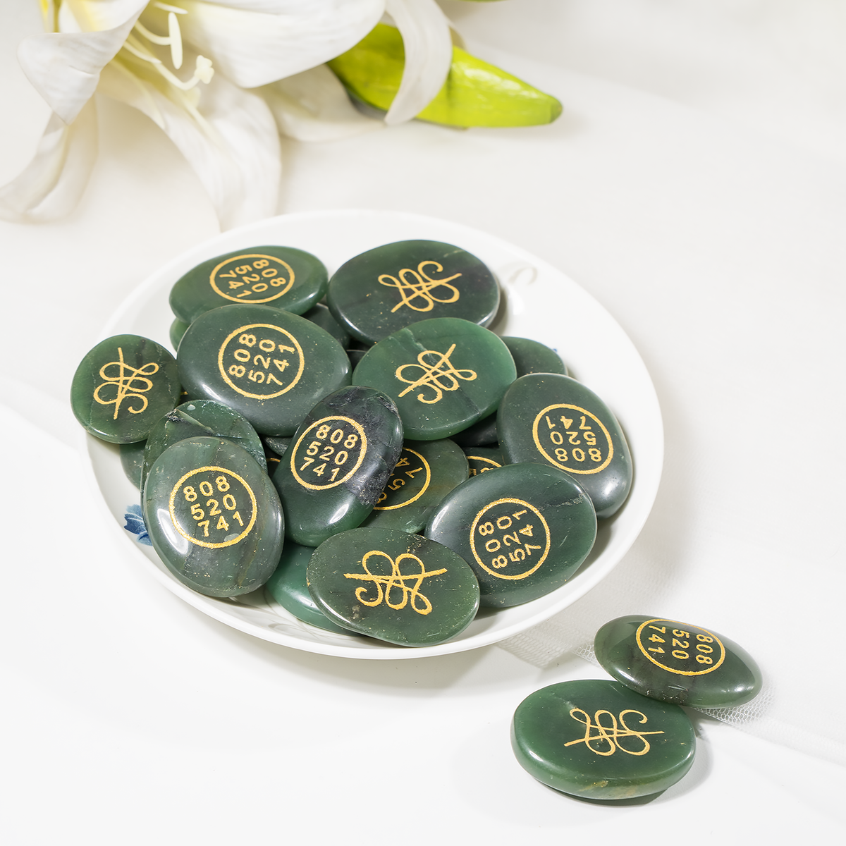 Polished Green Jade Zibu Stones, Flat Oval Engraved Stones (Wealth and Attraction) | | Wiccan Center