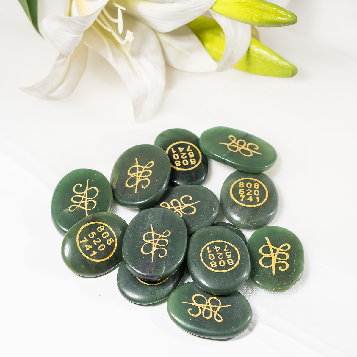 Polished Green Jade Zibu Stones, Flat Oval Engraved Stones (Wealth and Attraction) | | Wiccan Center