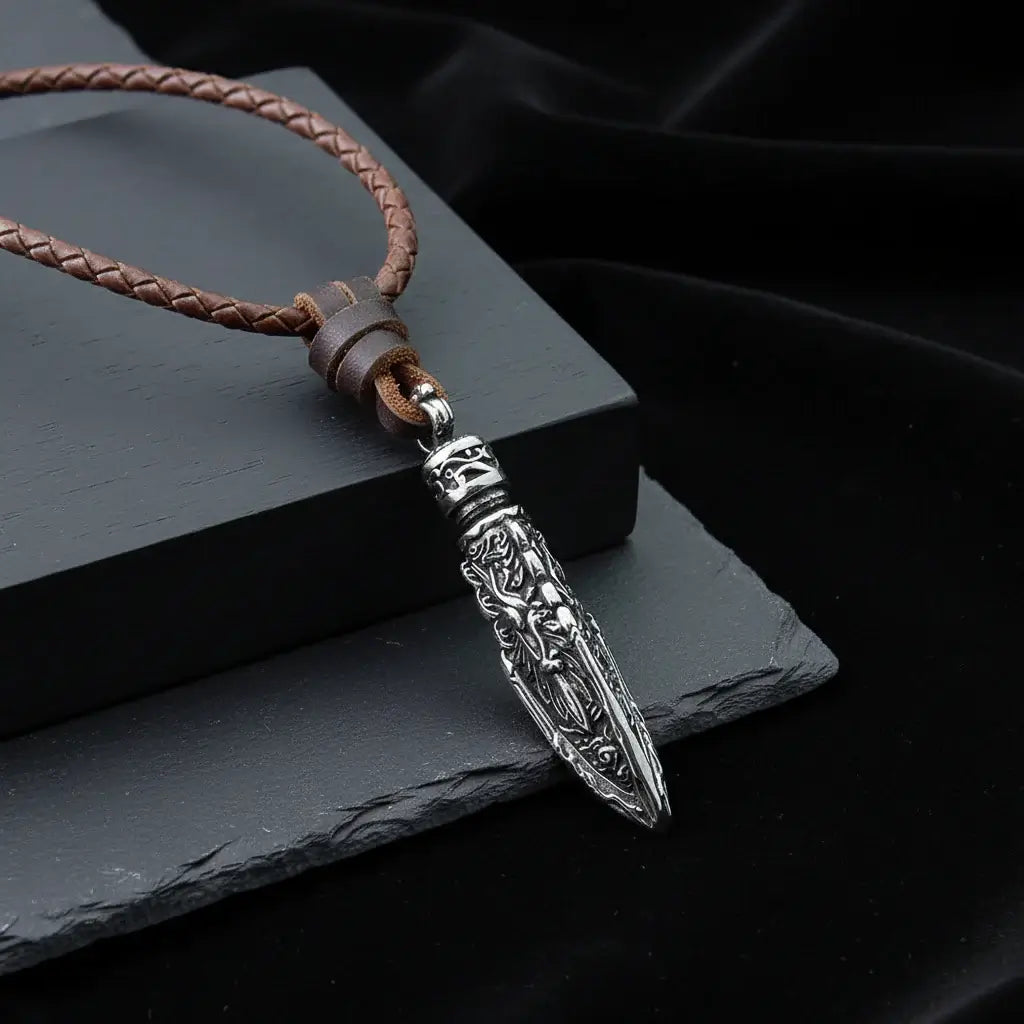 Viking Dragon Spear Stainless Steel Pendant Necklace for Men – Leather Chain Gift Box Set