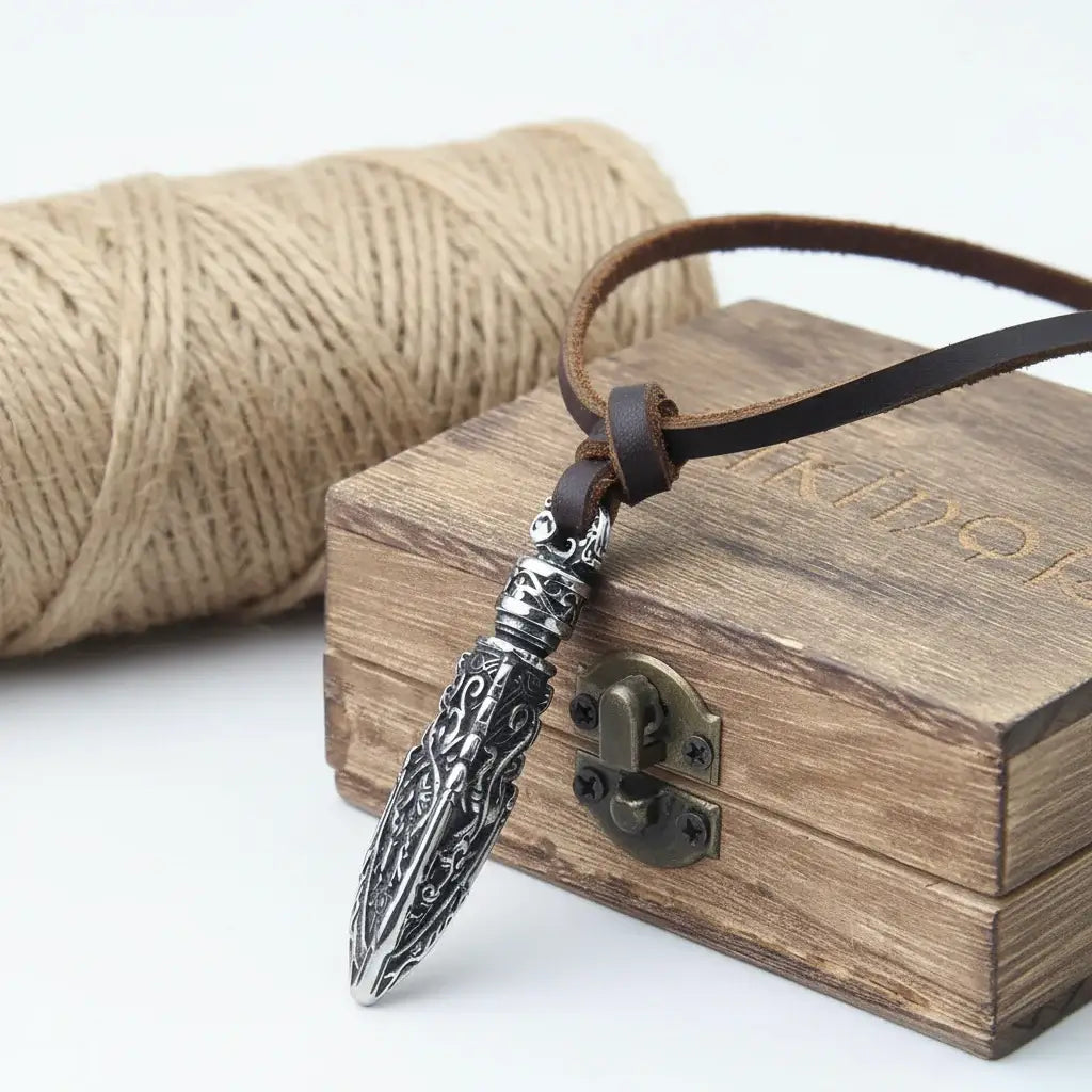 Viking Dragon Spear Stainless Steel Pendant Necklace for Men – Leather Chain Gift Box Set