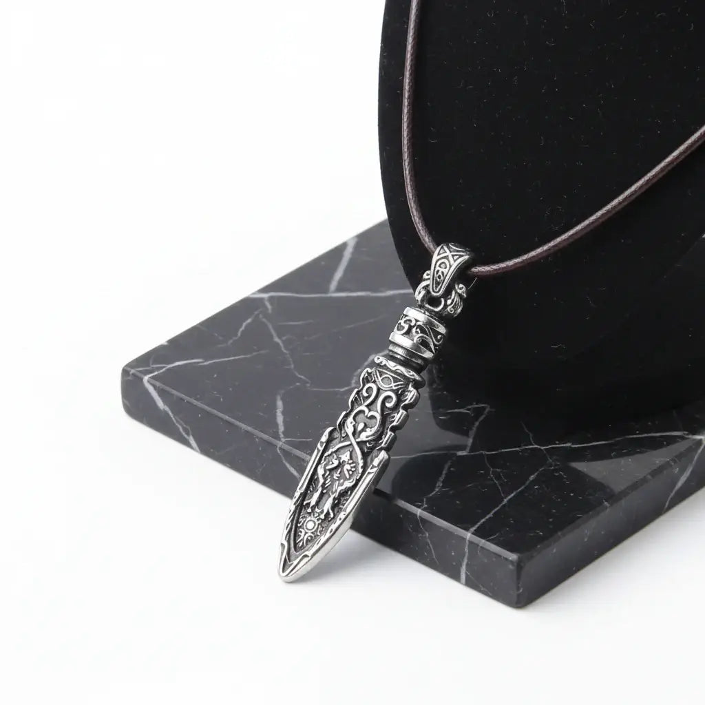 Viking Dragon Spear Stainless Steel Pendant Necklace for Men – Leather Chain Gift Box Set