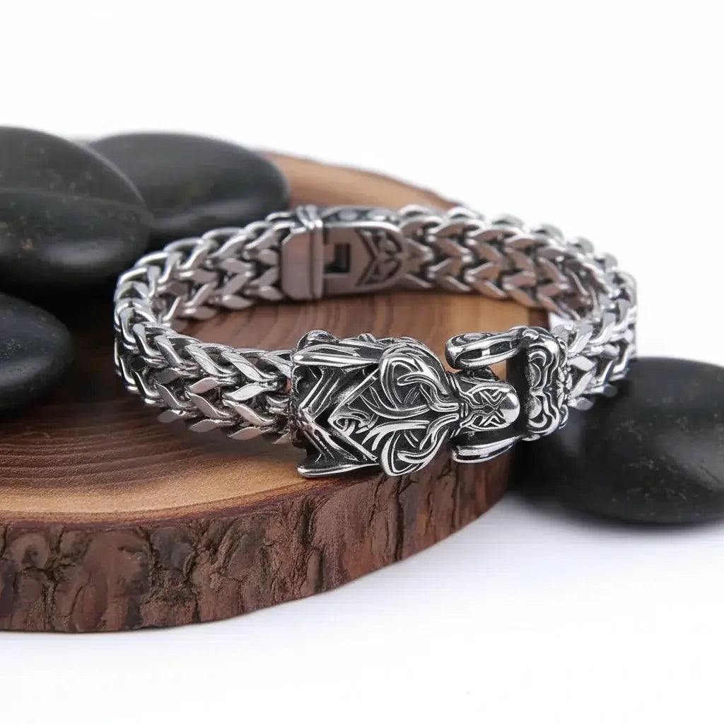 Viking Wolf Head Bracelet – Stainless Steel Biker Chain Bracelet for Men