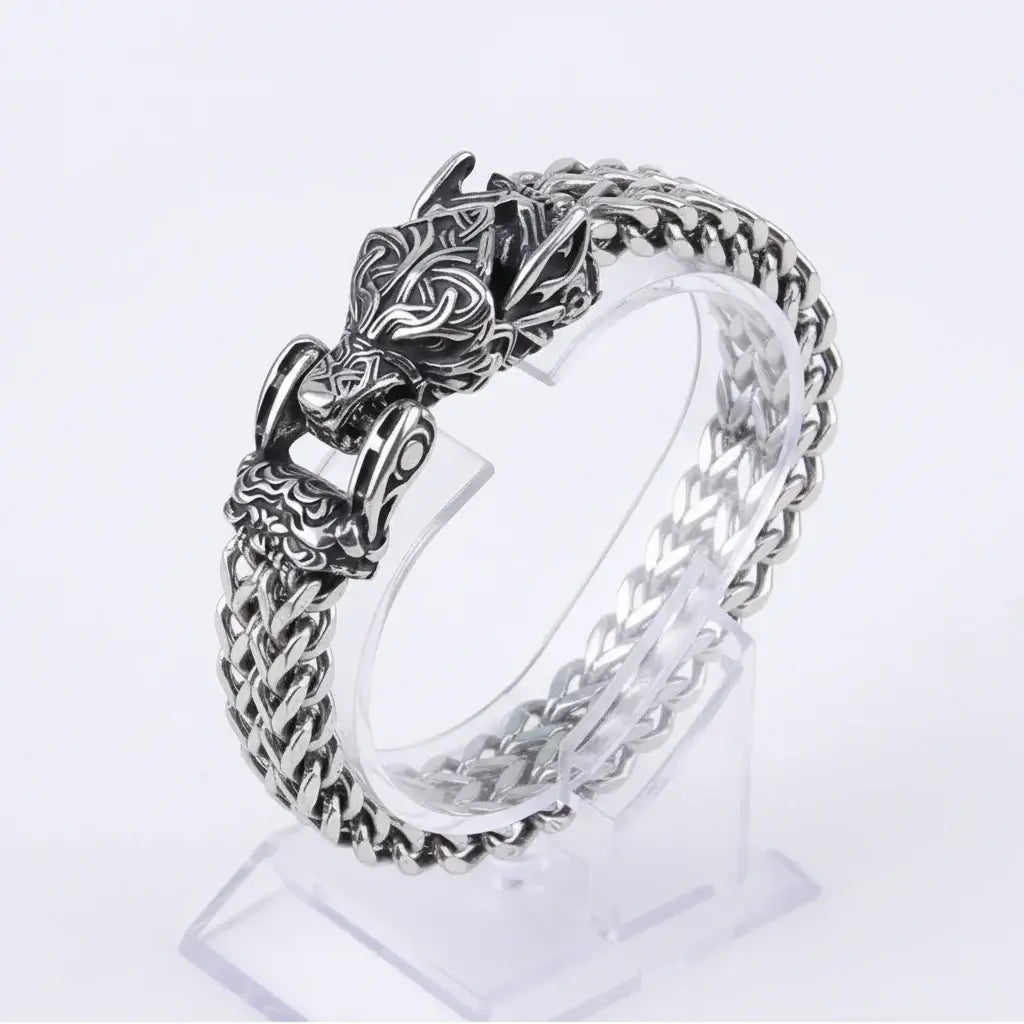 Viking Wolf Head Bracelet – Stainless Steel Biker Chain Bracelet for Men