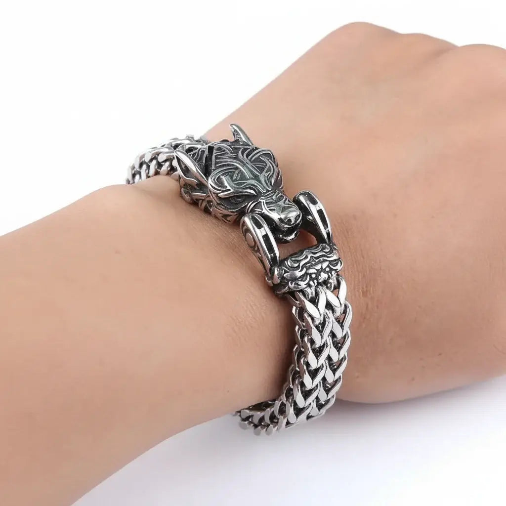 Viking Wolf Head Bracelet – Stainless Steel Biker Chain Bracelet for Men