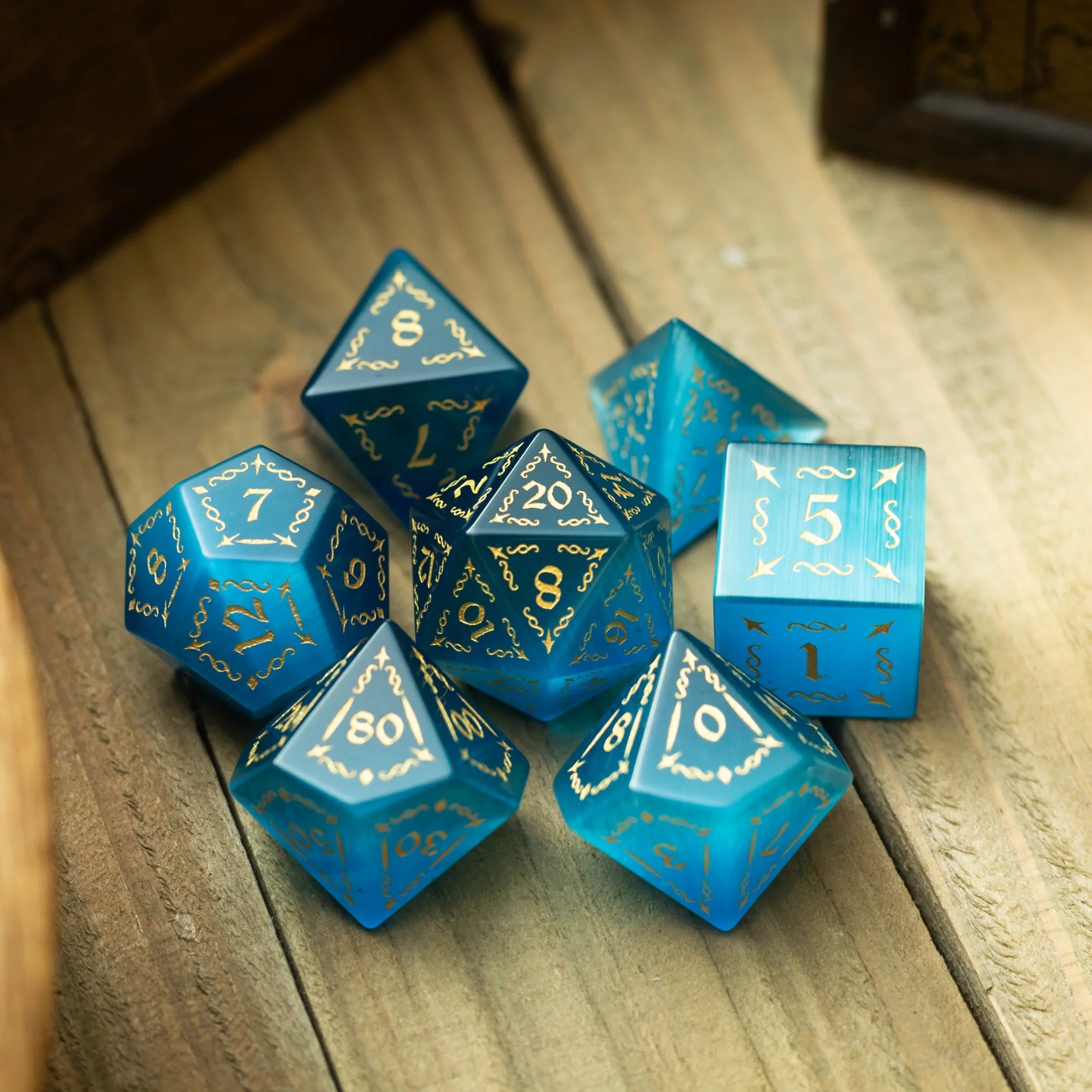 Vine Spike Gemstone Blue Cats Eye Stone DND Dice Set | Gemstone Dice | Wiccan Center