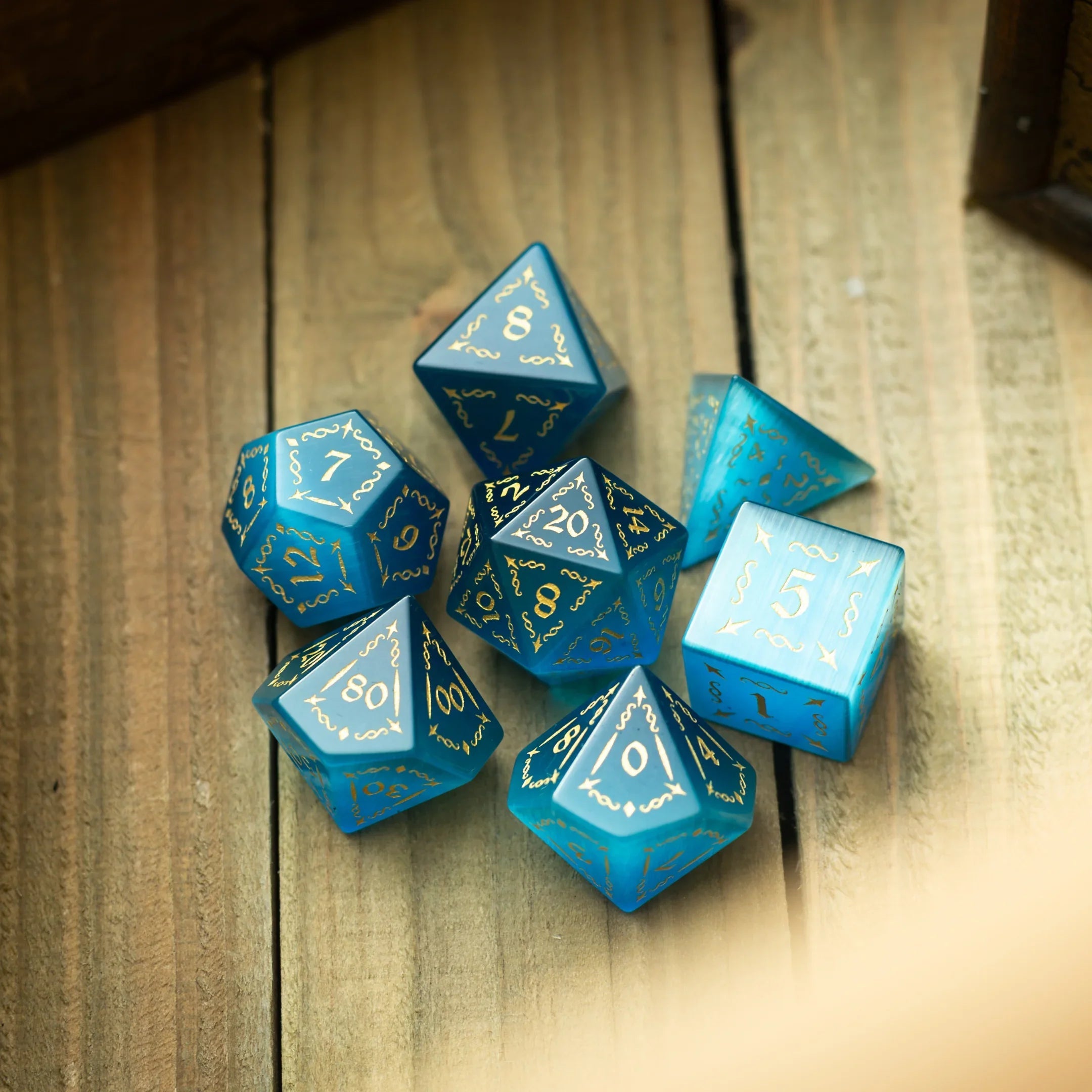 Vine Spike Gemstone Blue Cats Eye Stone DND Dice Set | Gemstone Dice | Wiccan Center