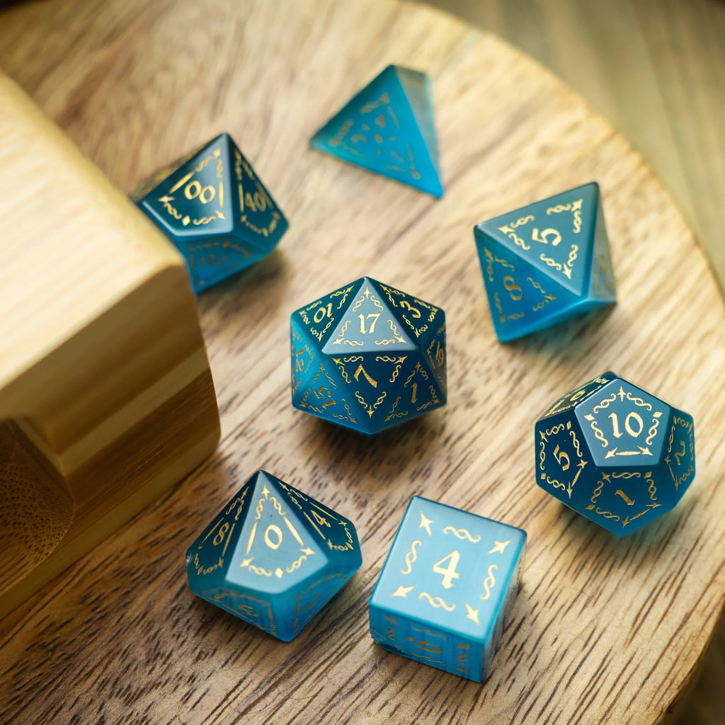 Vine Spike Gemstone Blue Cats Eye Stone DND Dice Set | Gemstone Dice | Wiccan Center